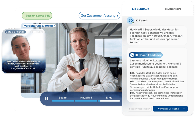KI-Plattform mit Versicherungsvertreter im Training und KI-Feedback.
