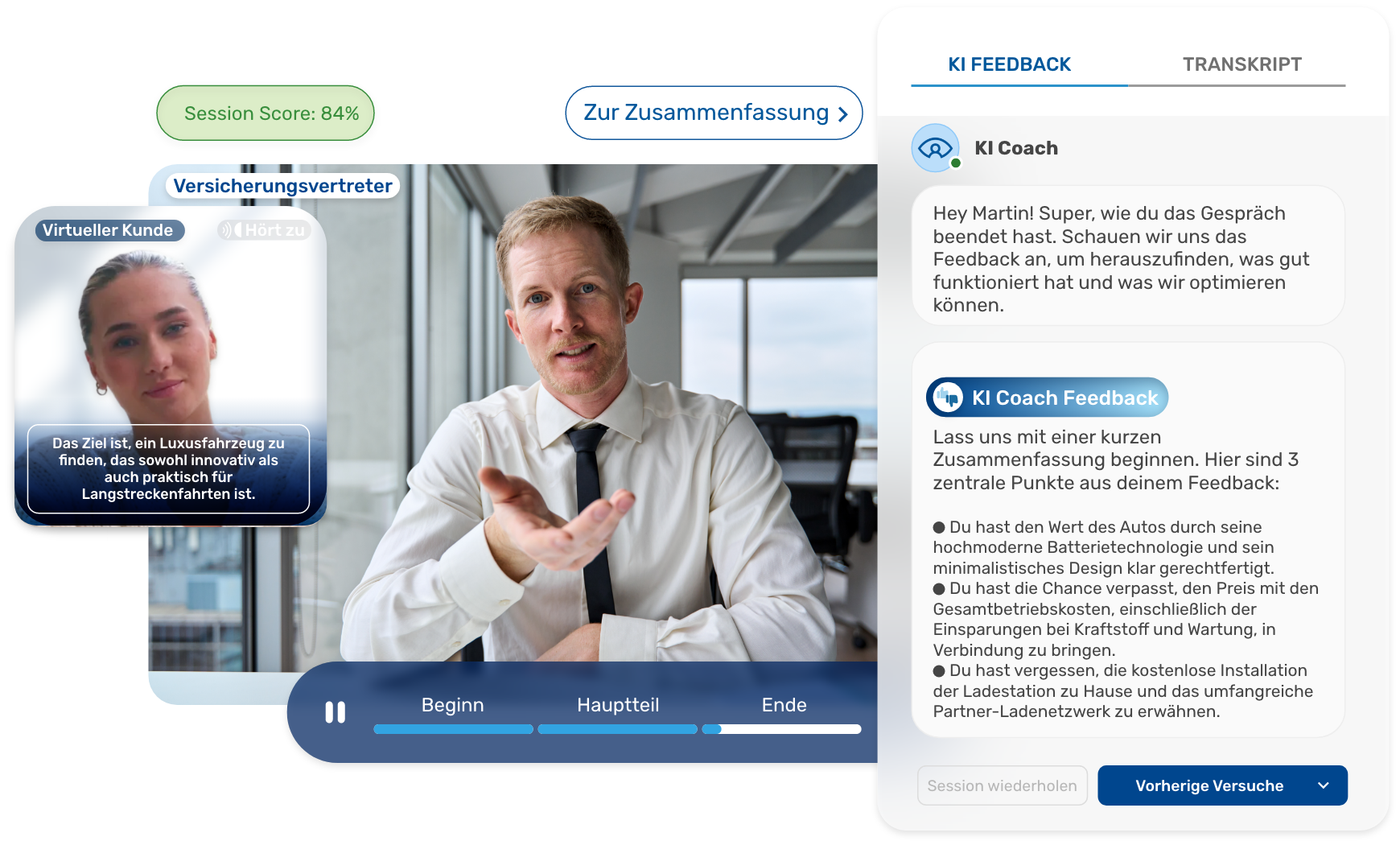 KI-Plattform mit Versicherungsvertreter im Training und KI-Feedback. KI-Plattform mit Versicherungsvertreter im Training und KI-Feedback.