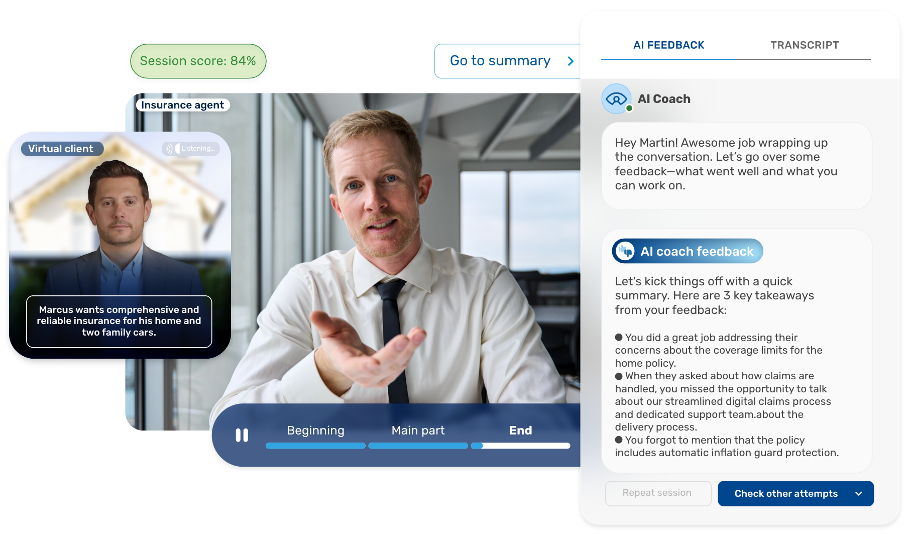 AI coaching platform showing insurance agent training with virtual client and AI feedback.