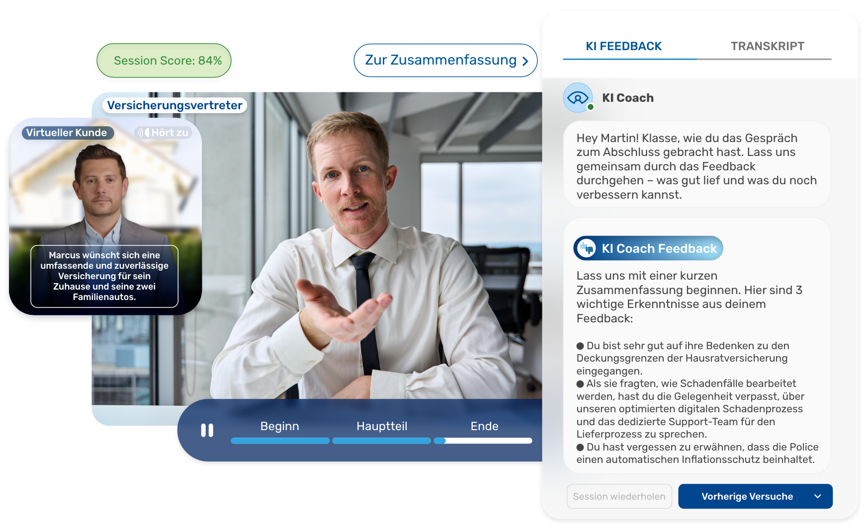 KI-Coaching-Plattform: Versicherungsvertreter im Training mit KI-Feedback.