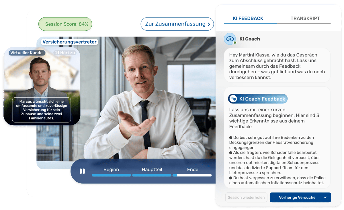 KI-Coaching-Plattform: Versicherungsvertreter im Training mit KI-Feedback.