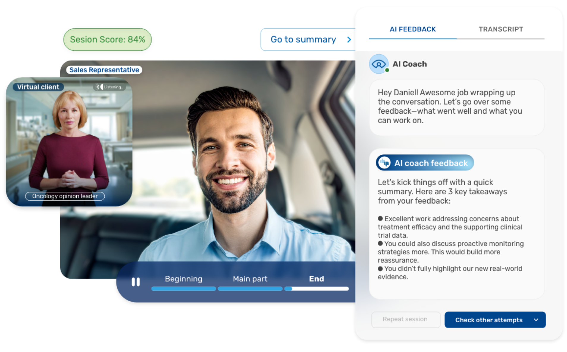 AI sales coaching session with Oncology doctor and pharma sales rep