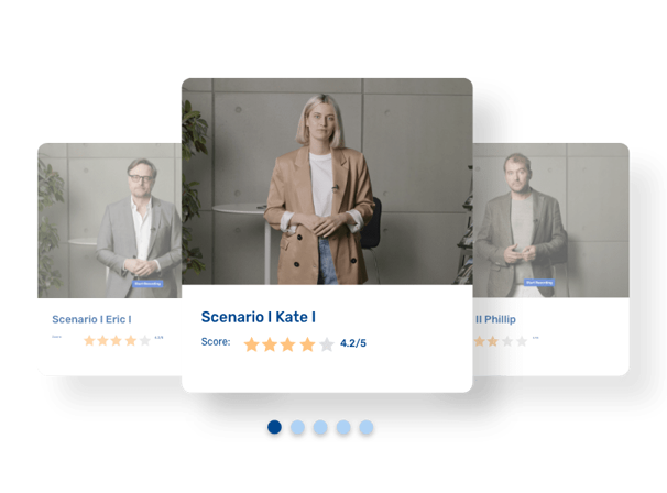 Training and development scenario display cards with scenario name and employee rankings 