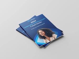 E blue E book mockup shows  Retorio- 2024 Leadership Training Trends 7 must-knows cover