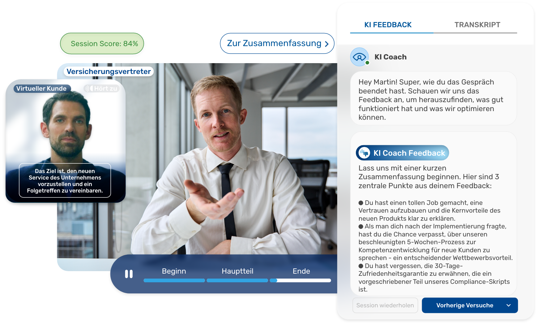 KI-Coaching-Plattform mit einem Versicherungsvertreter im Training und KI-Feedback