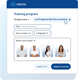Computer interface to create an AI coaching program. Text on top: “Training program”, below “Create new +” and “Let AI generate the scenario”.