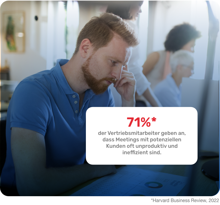 Gestresste Verkäufer, die die 71 % der Vertriebsmitarbeiter mit unproduktiven Besprechungen repräsentieren.