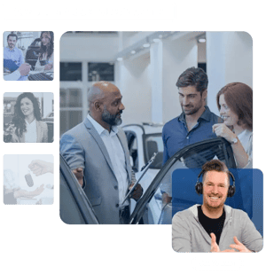 Several images showing car purchasing situations. Below a person wearing a headset and a button with the title “Start training”