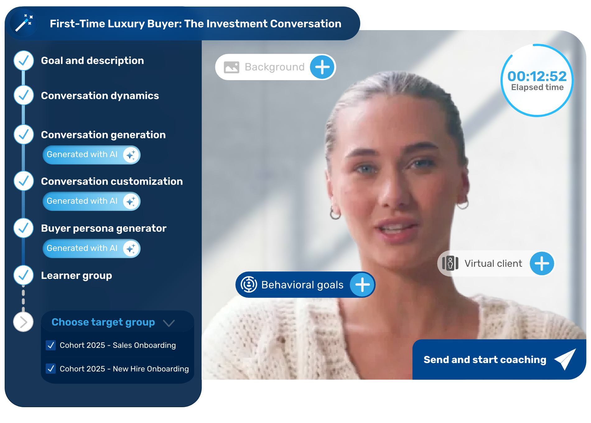 AI coaching platform showing a training scenario generator for a luxury car first time buyer conversation.