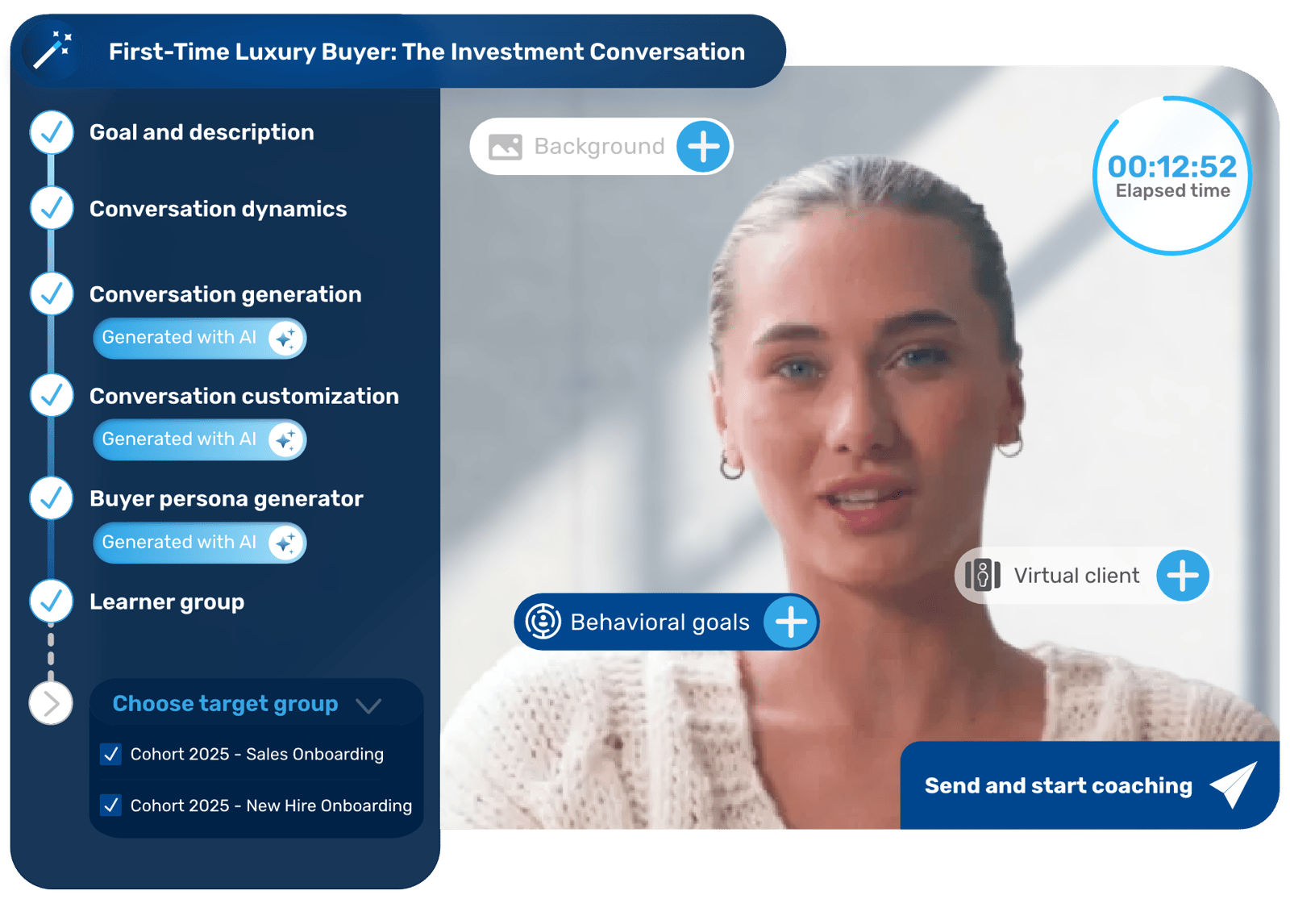 AI coaching platform showing a training scenario generator for a luxury buyer conversation.