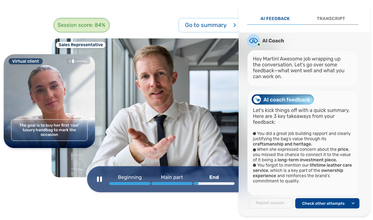 I coaching platform showing a trainee's sales conversation with a virtual client and AI feedback.