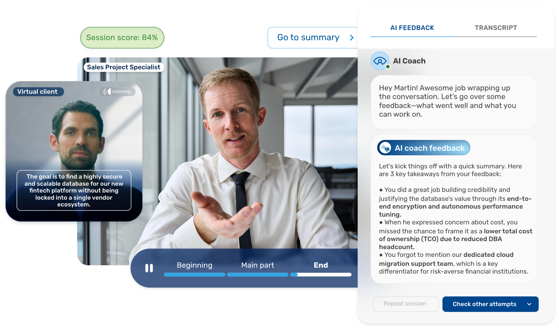 AI platform with a sales project specialist training with AI feedback on a fintech client scenario.