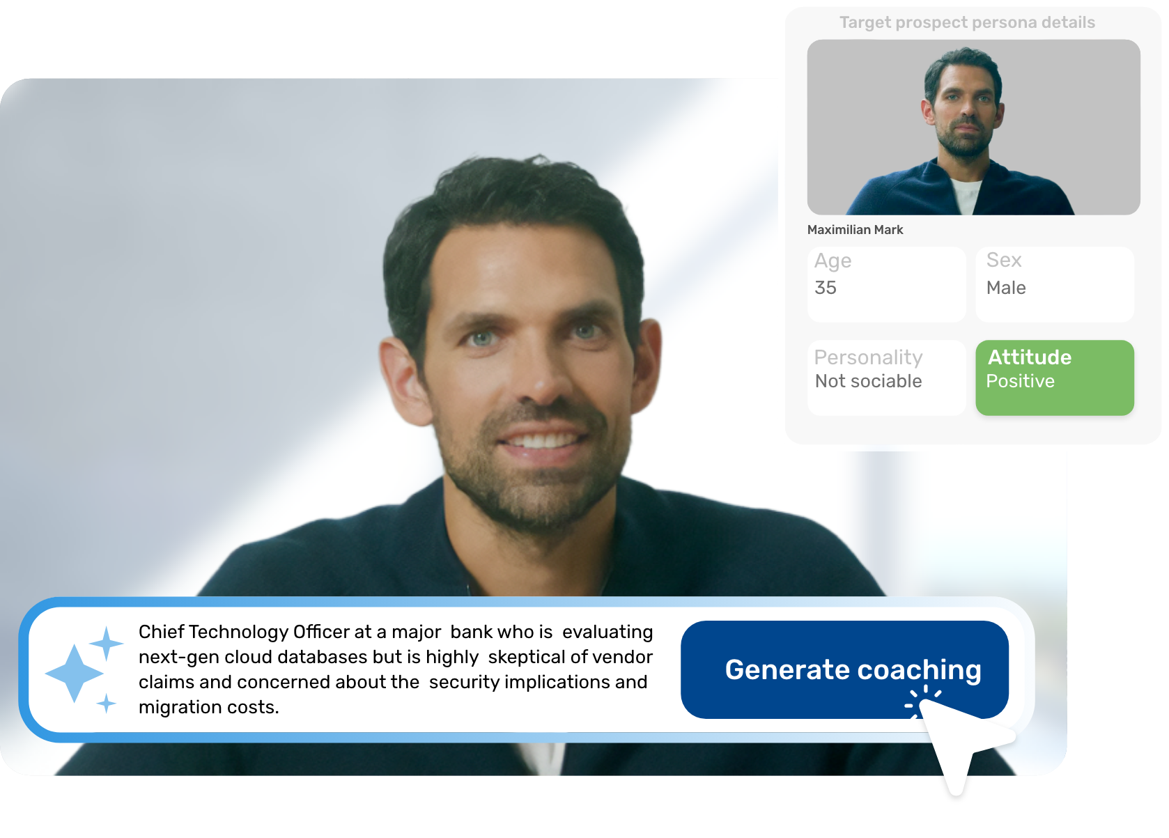 AI platform with a virtual CTO prospect, positive attitude, for a sales scenario.
