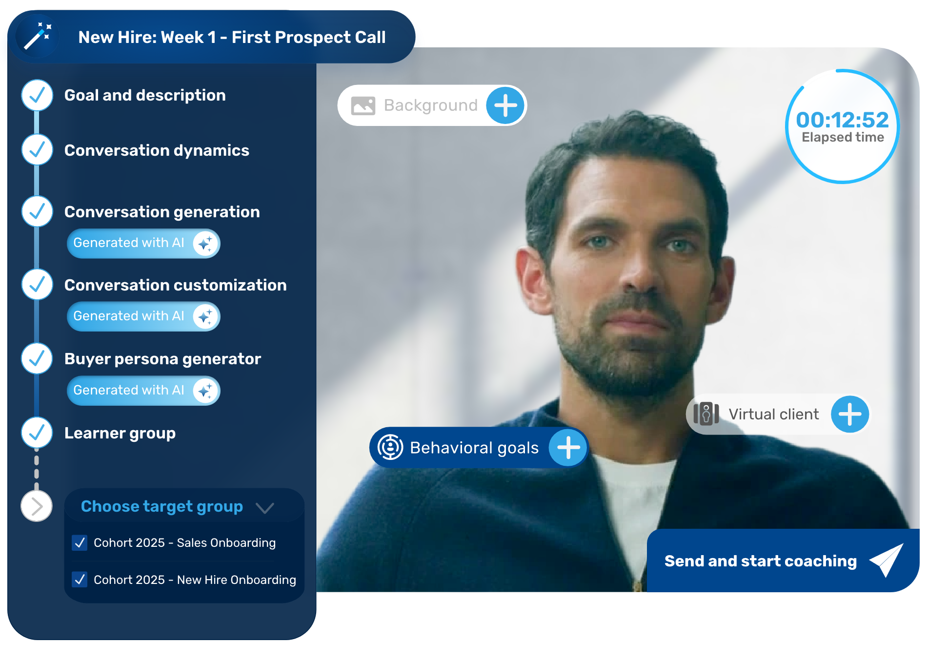 AI coaching platform showing new hire training session generator with virtual client.