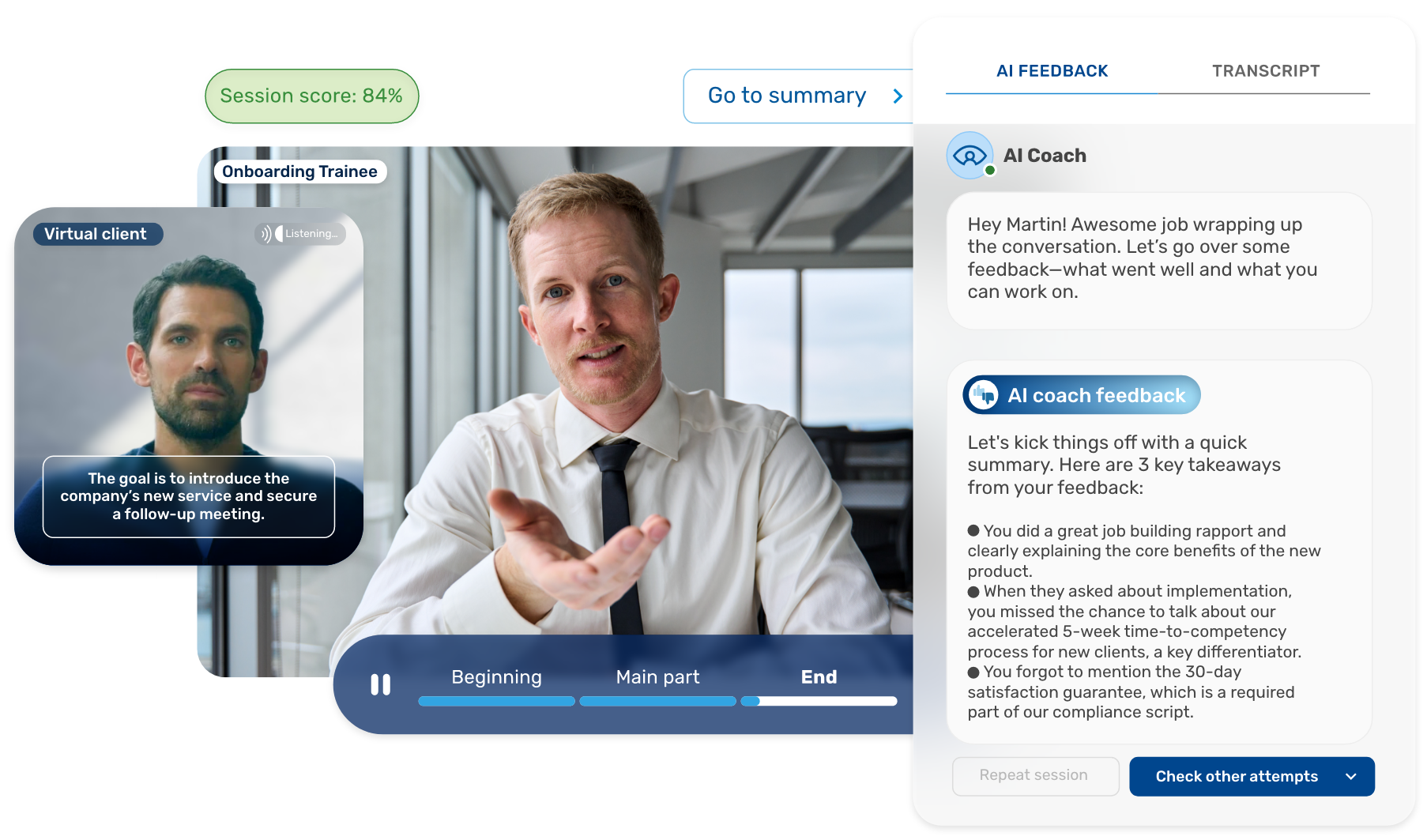 AI coaching platform showing a trainee's sales conversation with a virtual client and AI feedback