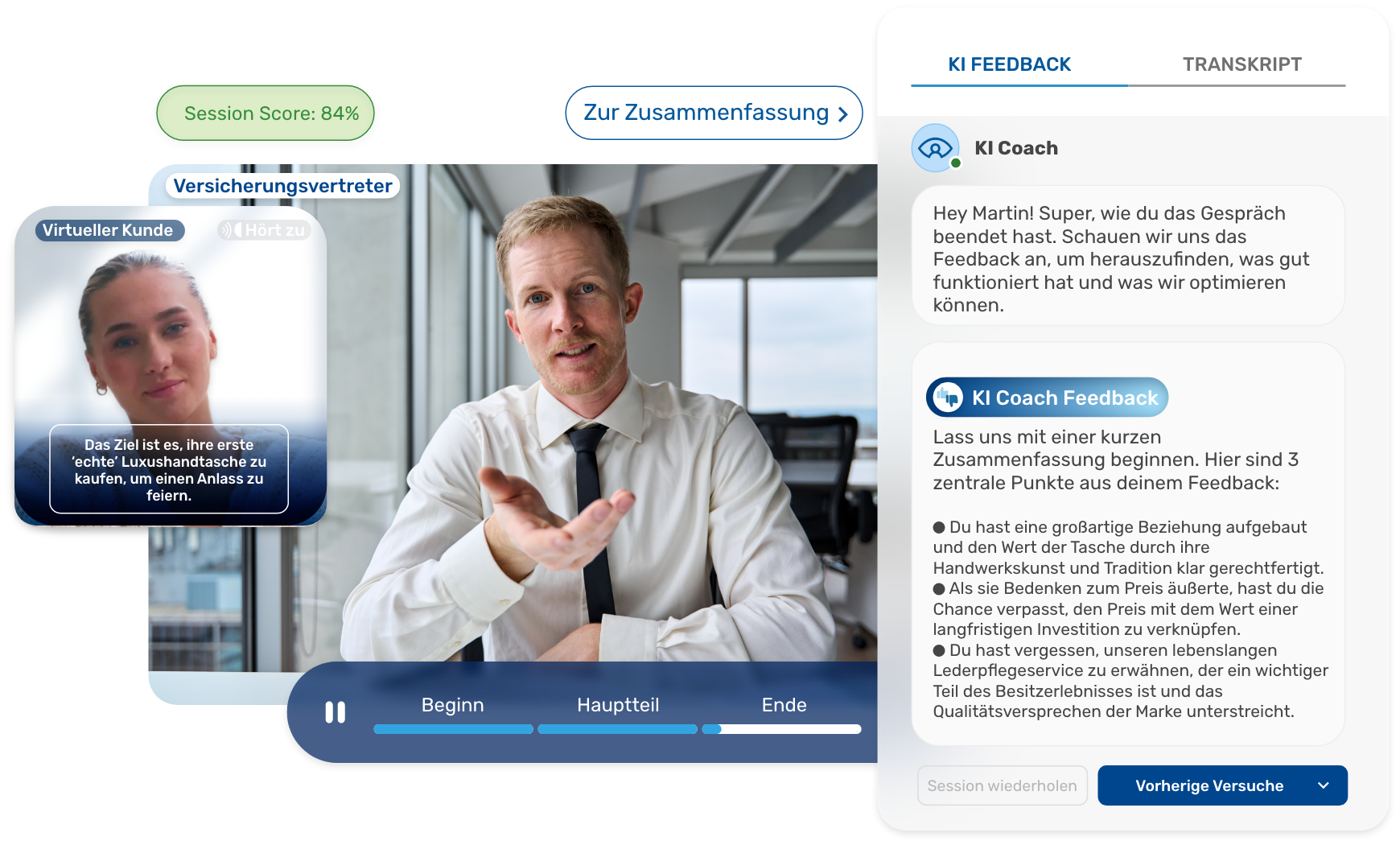 KI-Coaching-Plattform mit Verkäuferschulung für den Verkauf eines Luxuswagens mit KI-Feedback