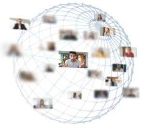 A globe shows people around the world