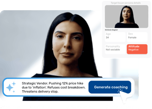 AI coaching platform interface featuring a virtual buyer persona, Stefanie Wagner, for a procurement training scenario involving a strategic vendor negotiation.