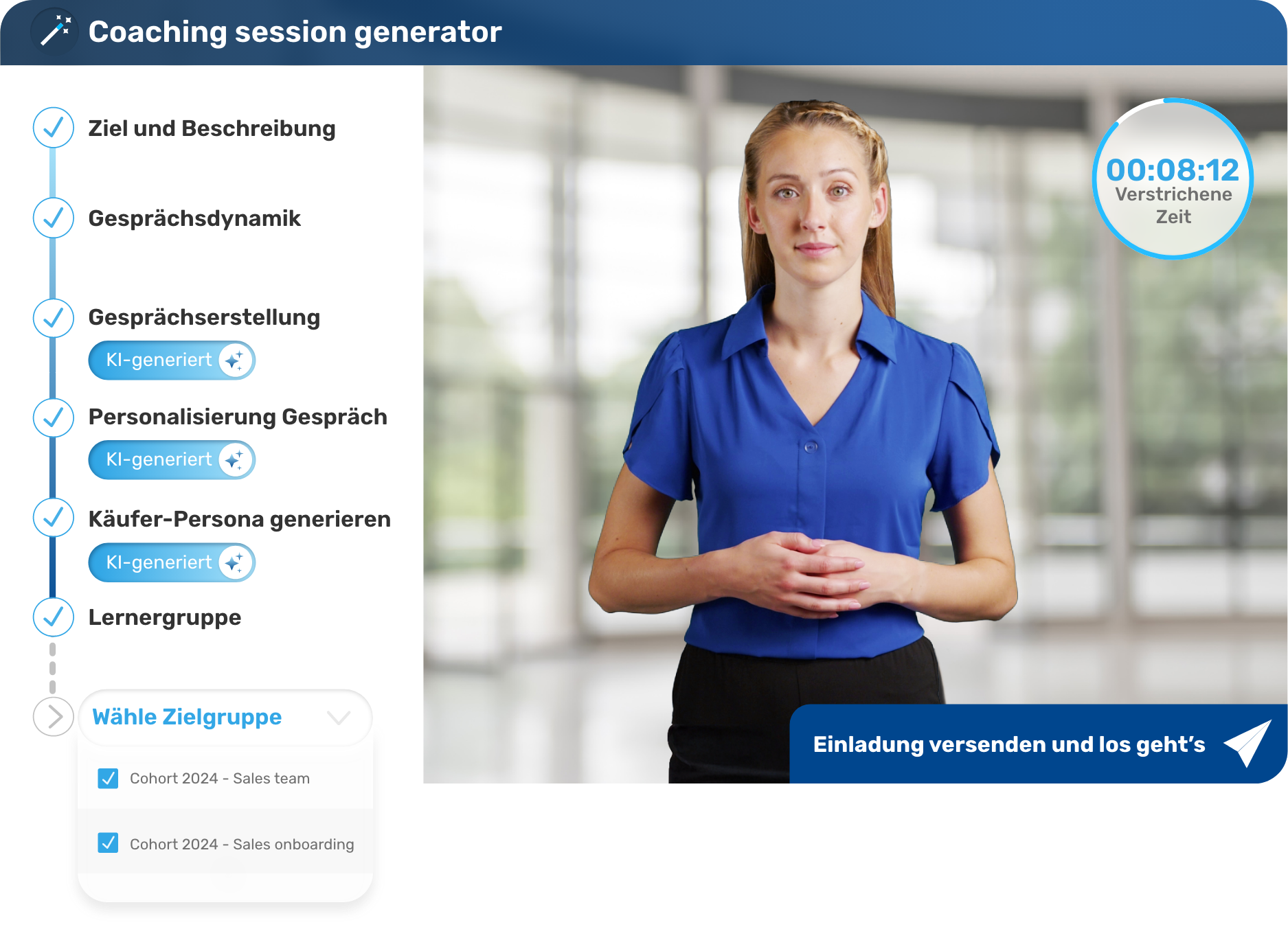 Retorio AI coaching platform - Session generator dashboard DE Retorio AI coaching platform - Session generator dashboard DE